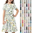 thumbnail image 1 of MKOSPLRT Girl's Summer Dresses Short Sleeve Casual Holiday Skater Twirl Dresses Crew Neck Boho Floral Print Pleated Midi Dresses 4-14Y, 1 of 8