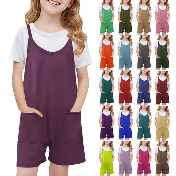MKOSPLRT Girl's Summer Jumpsuit Shorts with Pocket 5-14 Years Solid Spaghetti Strap Rompers Casaul Beach Vacation Jumpers Baggy Overalls
