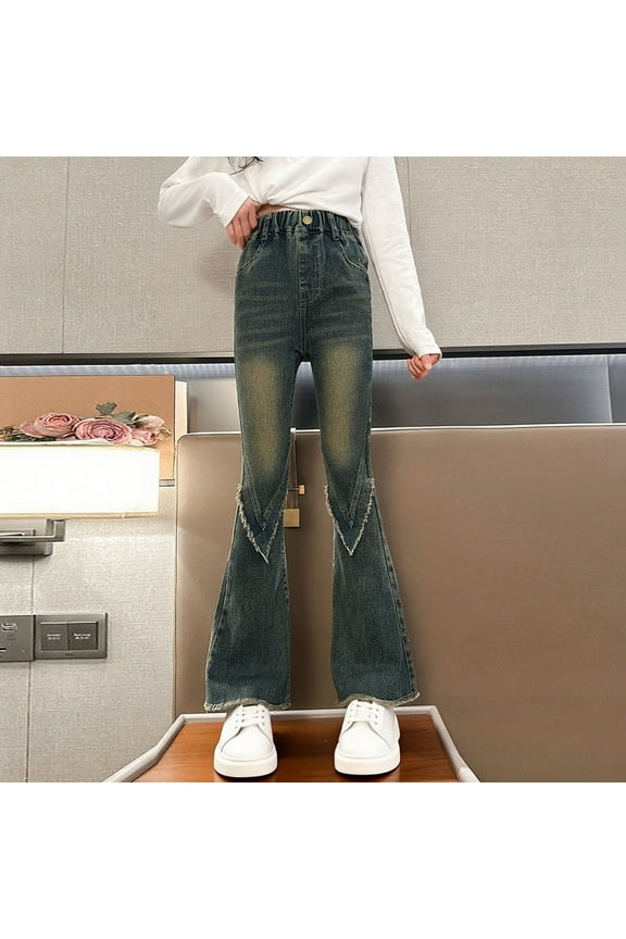 Girl's Y2K Flare Jeans Frayed Hem Bell Bottom Vintage Jeans Retro Distressed Wash Slim Fit Bootcut Denim Pants with Pocket 5-15Y