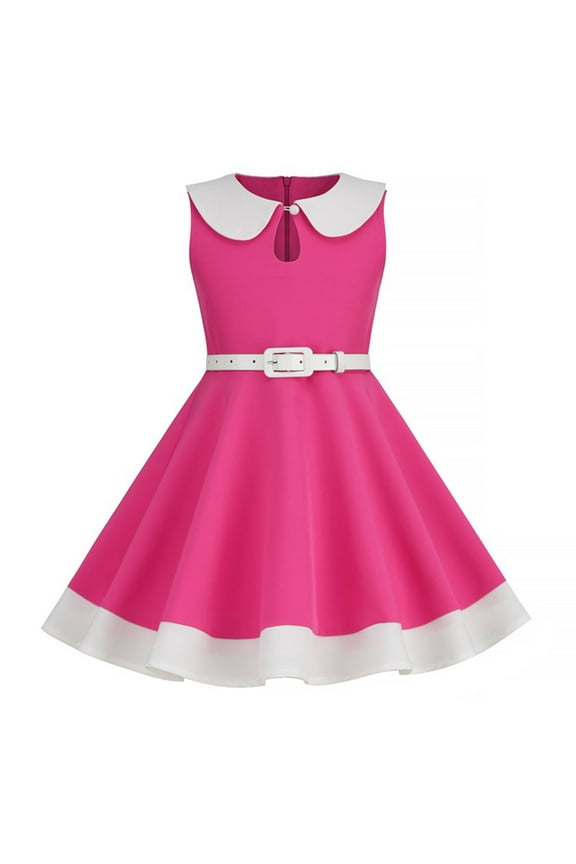 Girls 1950s Prom Dress 3-8 Years Sleeveless Collar Evening Dress Vintage Color Block Swing Knee Length Dress Gifts for Kid