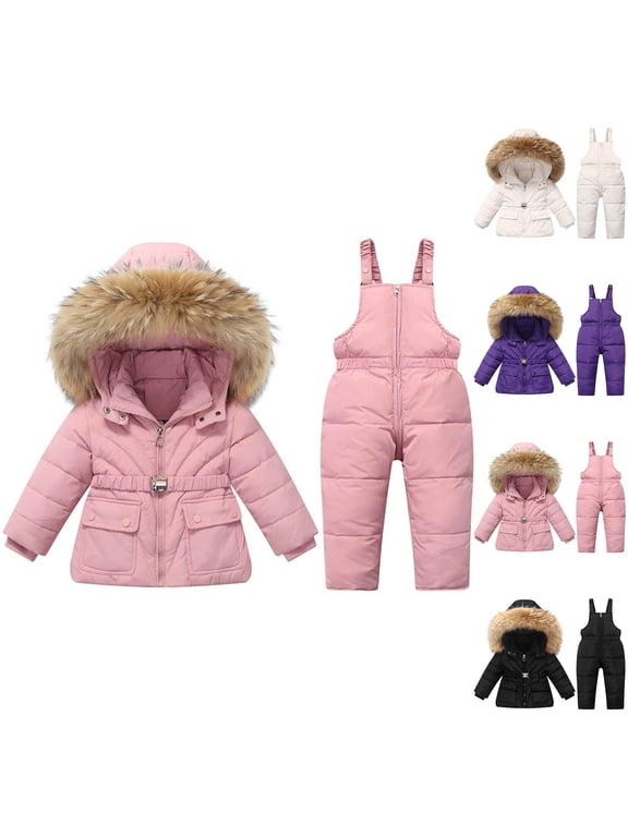Girls 2 Piece Snowsuit Warm Padded Ski Jacket and Bib Pants Outfit Set Faux Fur Hooded Puffer Coats Ski Outfits 1-6Y