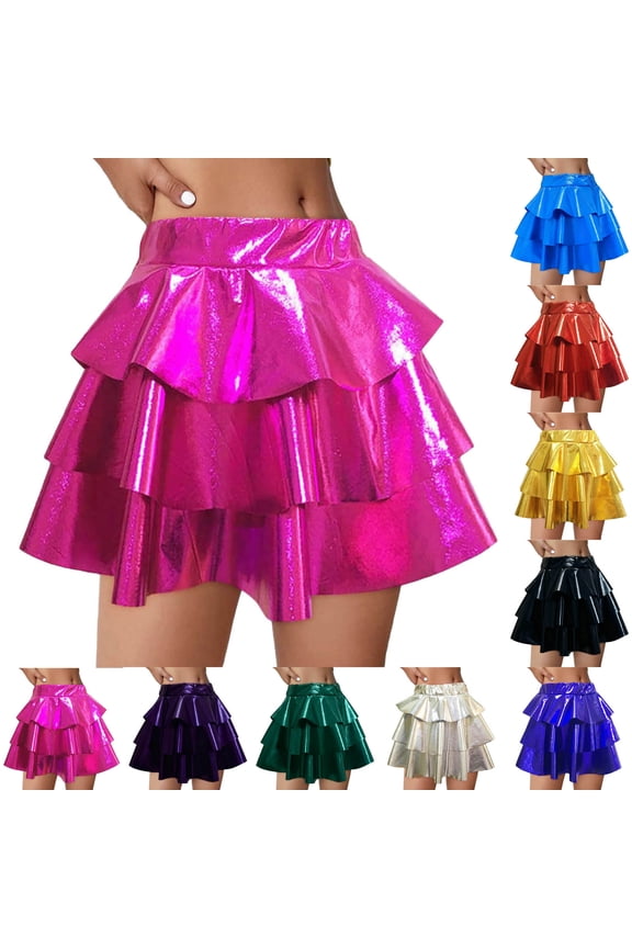 Girls 3 Layer Metallic Skirt Ruffle A Line Mini Skirt High Elastic Waist Swing Tiered Skirts for Girls Party Birthday 5-15 Years