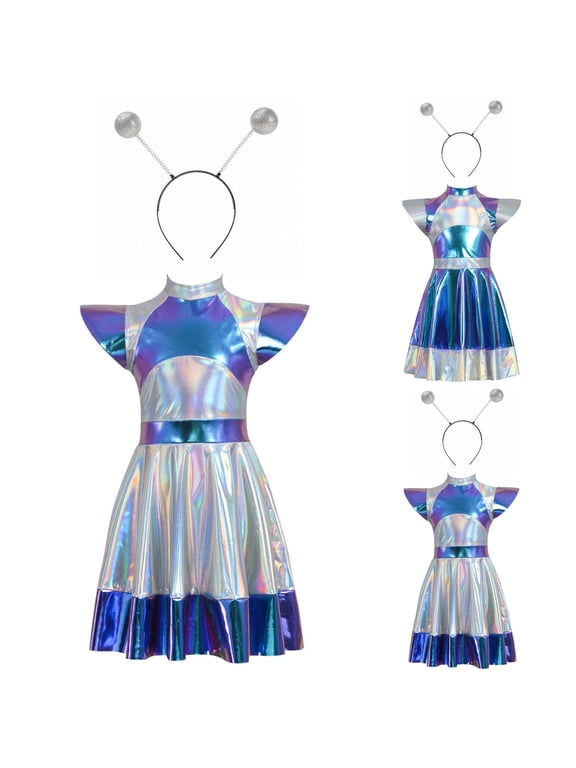 Girls Alien Space Man Dress Up Metallic Dress with Arm Sleeves Alien Hair Hoop Set Metallic Pink Dance Dress with Headwear Cheerleader Outfit
