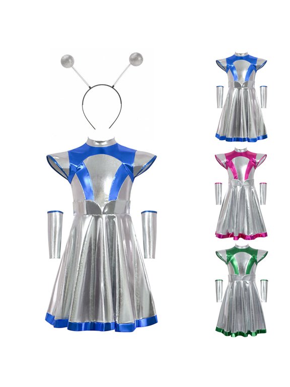 Girls Alien Space Man Dress Up Metallic Dress with Arm Sleeves Alien Hair Hoop Set Metallic Pink Dance Dress with Headwear Gloves