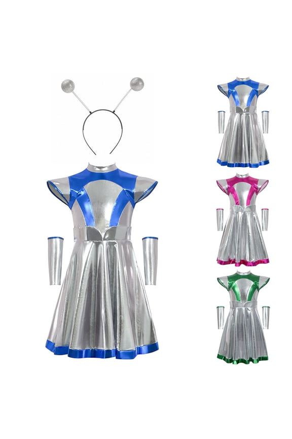 Girls Alien Space Man Dress Up Metallic Dress with Arm Sleeves Alien Hair Hoop Set Metallic Pink Dance Dress with Headwear Gloves
