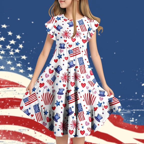 MKOSPLRT Girls American Flag Dresses 6-15 Years Ruffle Sleeve Swing A Line Dress Summer Tiered Midi Dress 4th of July Casual Party Dress