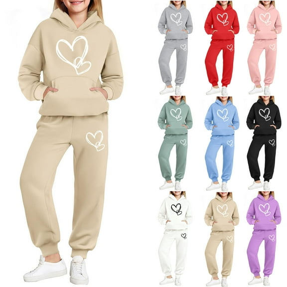 MKOSPLRT Girls Athletic 2 Piece Love Heart Graphic Fleece Pullover Hoodie Sweatshirt Joggers Sweatsuit Activewear Set Pocket 4-15Y