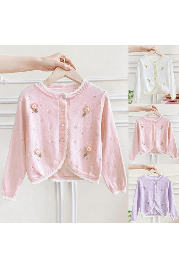 Girls Bolero Cardigan Sweater 1-13Y Long Sleeve Button Down Bolero Shrug Hollow Out Crochet Knit Sweaters with Flower