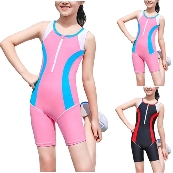 MKOSPLRT Girls Boyleg One Piece Swimsuit Athletic Bathing Suit Sleeveless Competitive Swimwear Color Block Sporty Surf Rashguard Size 8-16Y