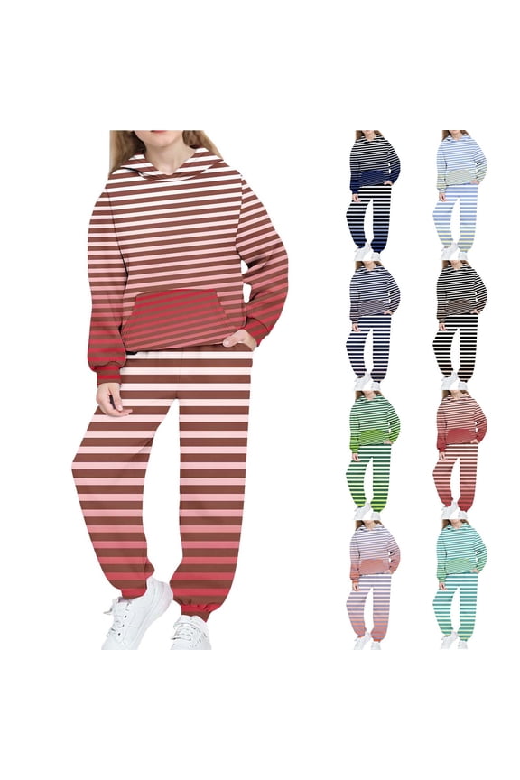 Girls Boys 2 Piece Outfits Striped Sweatsuit Pullover Hoodie Sweatshirt Sweatpant Tracksuit Athletic Jogger Sets Kids Sportswear