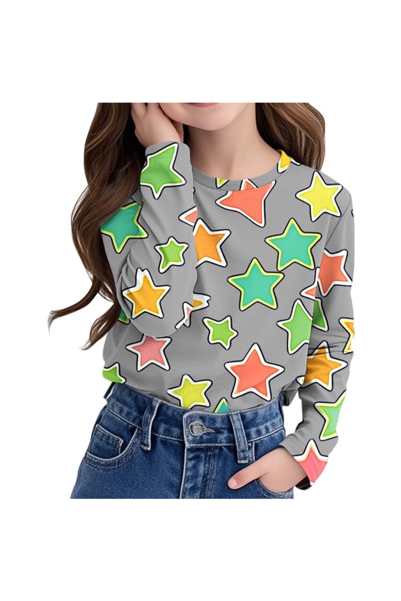 Girls Boys Long Sleeve Tops Crew Neck Casual T Shirts Trendy Color Block Stars Shirts Lounge Going Out Tees Gifts for Kid