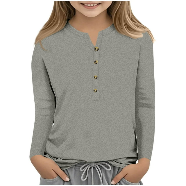 MKOSPLRT Girls Button up Henley Shirts Long Sleeve Casual Tunic Tops Solid Color Dressy T Shirts Comzy Going Out Tees Children's Shirts