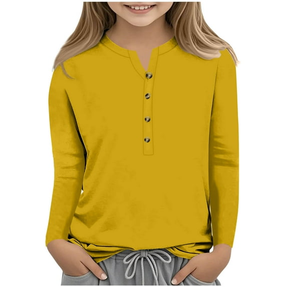 MKOSPLRT Girls Button up Henley Shirts Long Sleeve Casual Tunic Tops Solid Color Dressy T Shirts Comzy Going Out Tees Children's Shirts