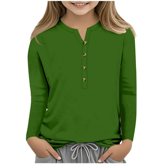 MKOSPLRT Girls Button up Henley Shirts Long Sleeve Casual Tunic Tops Solid Color Dressy T Shirts Comfy Going Out Tees Children's Shirts