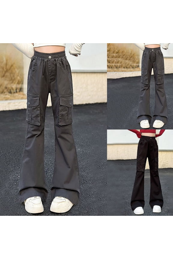 Girls Cargo Pants 5-15Y Baggy Bootcut Pants High Elastic Waist Flare Pants Solid Lounge Y2K Boot Cut Pants with Pockets