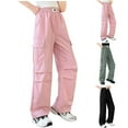 thumbnail image 1 of MKOSPLRT Girls' Cargo Parachute Pants with Pocket 5-16 Years High Elastic Waist Ruched Knee Wide Leg Pants Solid Athletic Jogger Pants, 1 of 5