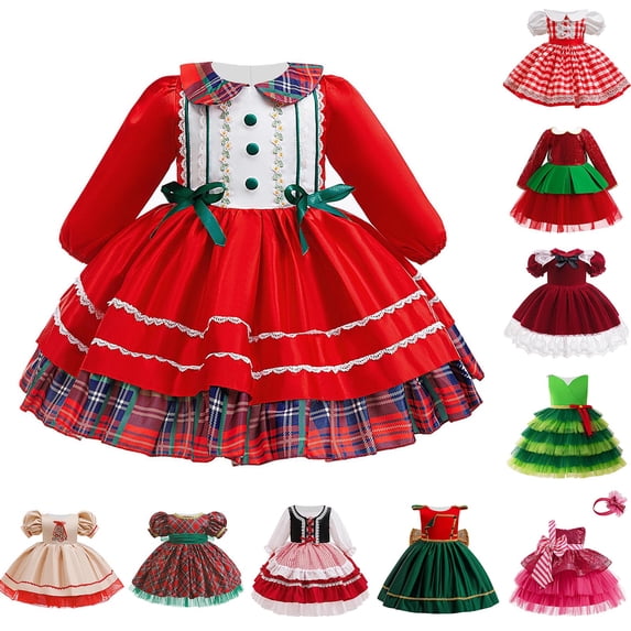 MKOSPLRT Girls Christmas Dress Long Sleeve Plaid Print with Bow Tie Collar Baby Toddler Party Dress for Holiday Photo Shoot 6M-3T