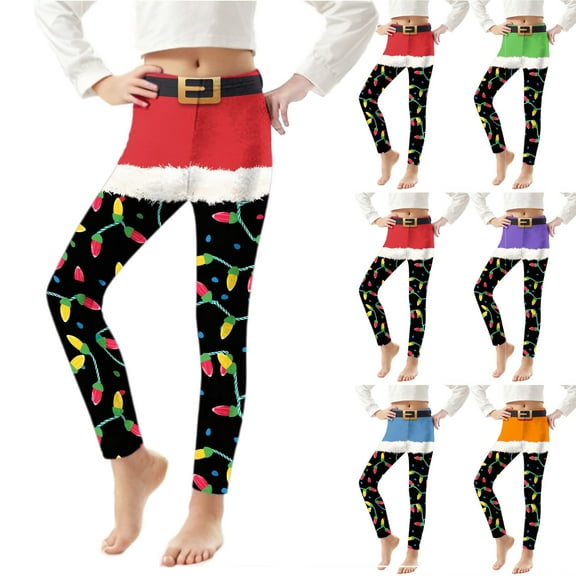 MKOSPLRT Girls Christmas Leggings Printed Pants Full Ankle Length Cotton Tights High Waist Stretch Sport Leggings for Xmas 3-8Y