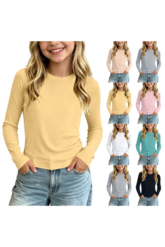 Girls Cotton Long Sleeve T Shirt Solid Crew Neck Casual Thin Base Layer Tee for School Summer 1-10 Years