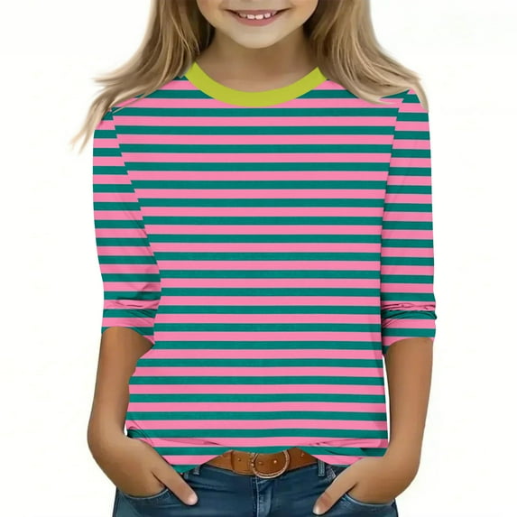 MKOSPLRT Girls Crew Neck T Shirts 3/4 Sleeve Lounge Shirts Fashion Striped Color Block Tunic Tops Loose Fit Blouses Kids Clothes