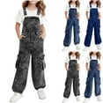 thumbnail image 1 of MKOSPLRT Girls Denim Bib Overalls Kids Straight Leg Jeans Jumpsuit Adjustable Straps Distressed Retro Romper Pants with Pockets 6-14Years, 1 of 9