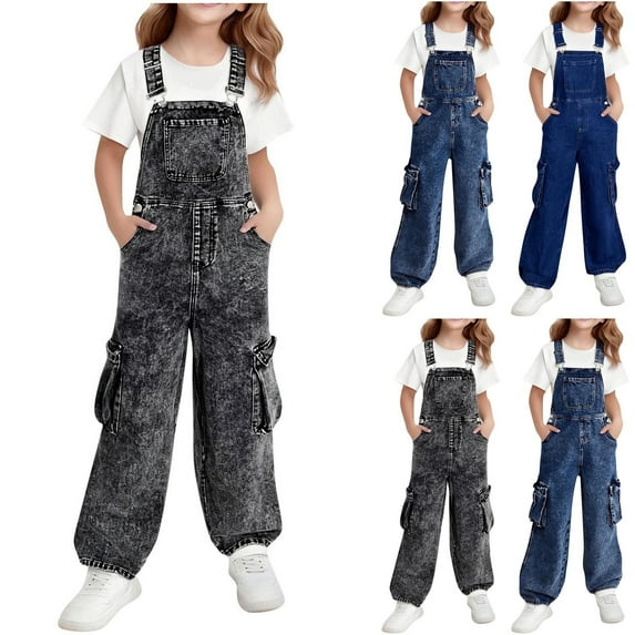 MKOSPLRT Girls Denim Bib Overalls Kids Straight Leg Jeans Jumpsuit Adjustable Straps Distressed Retro Romper Pants with Pockets 6-14Years