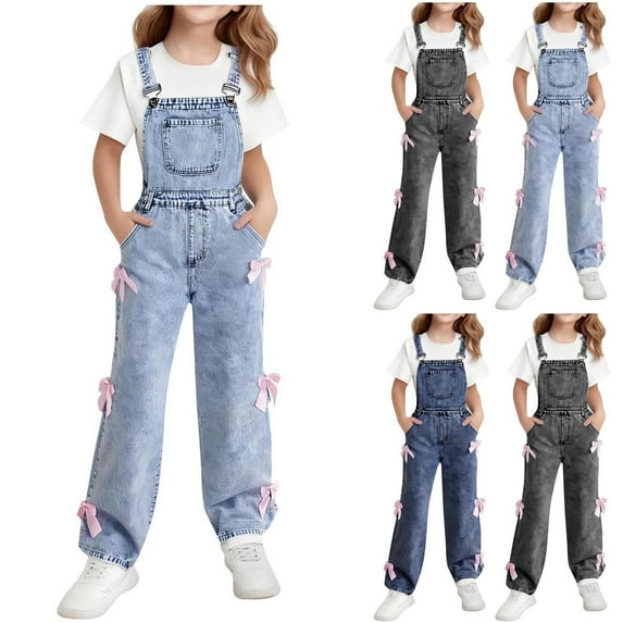 MKOSPLRT Girls Denim Overalls Kids Distressed Straight Leg Stretchy Jean Jumpsuits Adjustable Straps Retro Bib Romper Pants 6-14Years