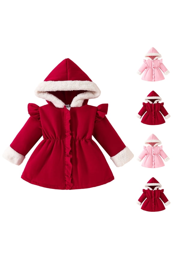 Girls' Dress Coat 6M-2T Kids Hoodie Wool Blend Coats Fleece Lined Warm Ruffle Trench Coat Solid Fall Winter Outerwear Peacoat