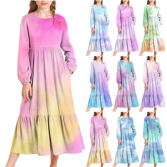 MKOSPLRT Girls Dress Long Sleeve Tie Dye Dress Crew Neck Maxi Dress Casual Ruffle Tiered Dress for Beach Travel Vacation with Pocket 4-15Y