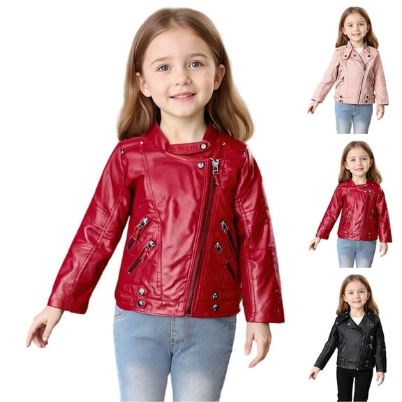 MKOSPLRT Girls Faux Leather Motorcycle Jackets Kids Spring Moto Biker Coats Oblique Zipper Stand Collar Fashion Jacket with Pocket 2-14Y