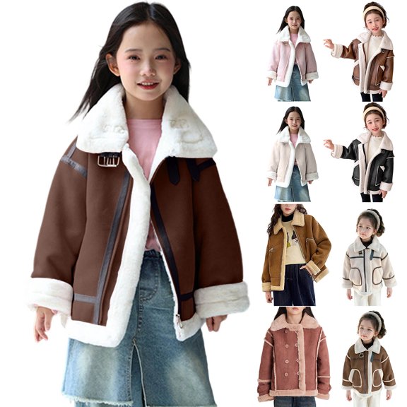 MKOSPLRT Girls' Faux Shearing Fur Winter Coat Warm Thick Fleece Lined Faux Suede Jacket Notch Collar Oversized Outwear with Pocket 4-14Y