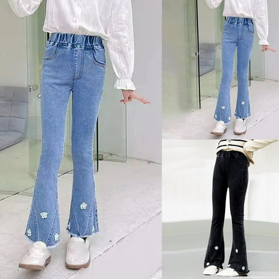 MKOSPLRT Girls Flare Jeans Bell Bottom Teen Denim Pants Flared Ripped Cute Bootcut High Rise Elastic with Pockets Kids 4-13 Years