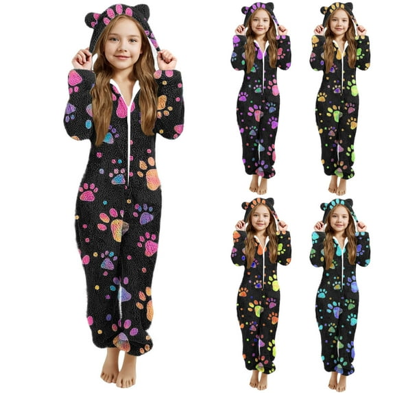 MKOSPLRT Girls Fleece Jumpsuits Fuzzy Hooded One Piece Sleepwear Graphic Zip up Onesie Romper Pajamas Warm Winter Clothes 5-15 Years