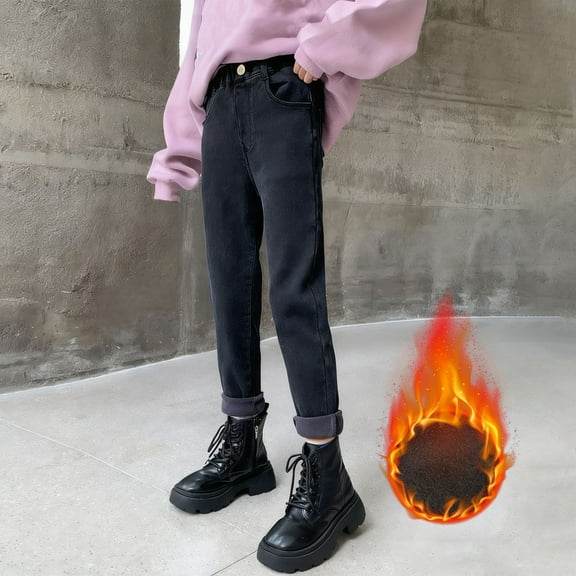 MKOSPLRT Girls Fleece Lined Jeans 4-14Y Retro High Waist Straight Leg Jeans Distressed Wash Thick Y2K Jeans for Fall Winter