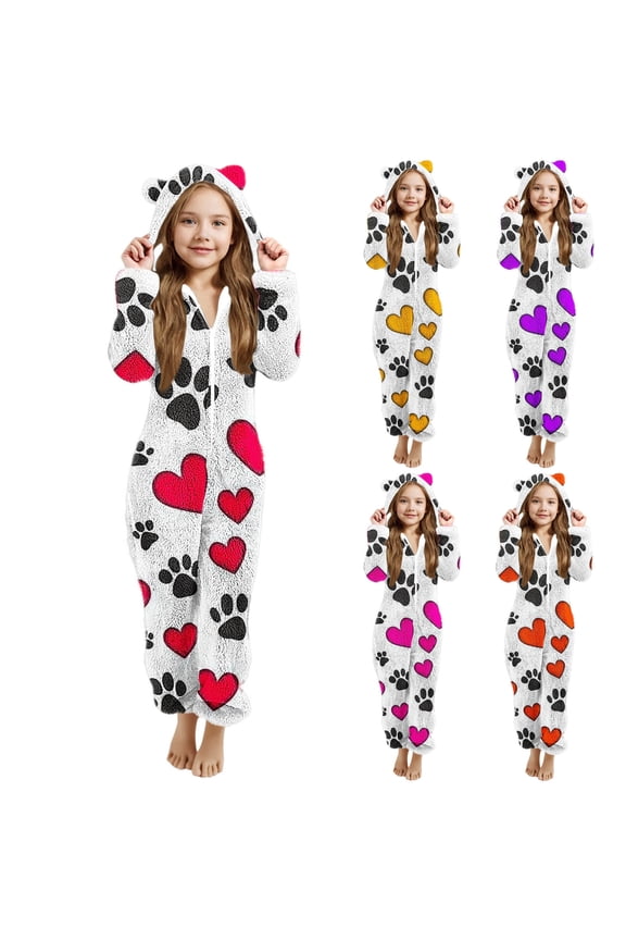 Girls Fleece Onesie Pajamas Valentine's Day Fuzzy Jumpsuits Kids Zip Up Hooded Love Heart Graphic Sleeper 5-15 Years