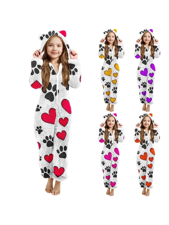 Girls Fleece Onesie Pajamas Valentine's Day Fuzzy Jumpsuits Kids Zip Up Hooded Love Heart Graphic Sleeper 5-15 Years