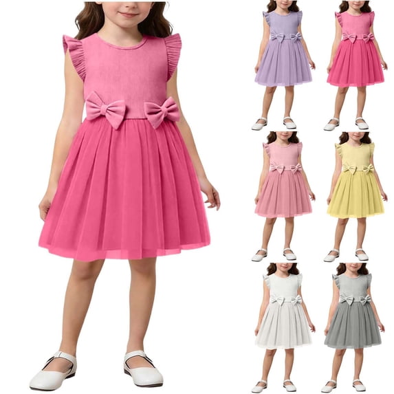 MKOSPLRT Girls Flutter Sleeve Tulle Dresses Cute Bowknot Midi Tutu Dress Ruffle A Line Pageant Birthday Party Gowns Kids Easter Outfits Gray 7-8 Years