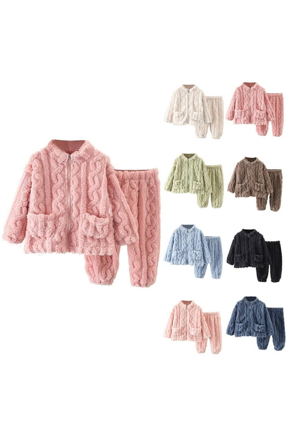 Girls Fuzzy Pants Set Textured Fleece Outfits Winter Zip Mock Neck Flannel Loose Fluffy Pullover Sweatsuit Top Pants 0-8Y