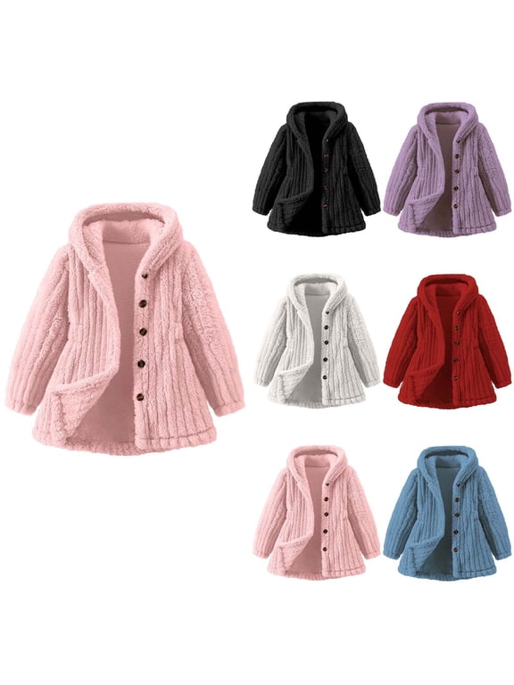Girls Fuzzy Sherpa Coat Plush Button Down Hoodie Fleece Jacket Solid Thicked Warm Jackets with Pockets Fall Winter Outwear 1-8Y