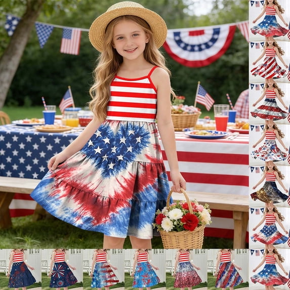 MKOSPLRT Girls Hawaiian Sleeveless Dresses Summer Beach Sundress 4th of July Tank Dress Adjustable Spaghetti Straps Tiered Midi Dresses 3-14 Years