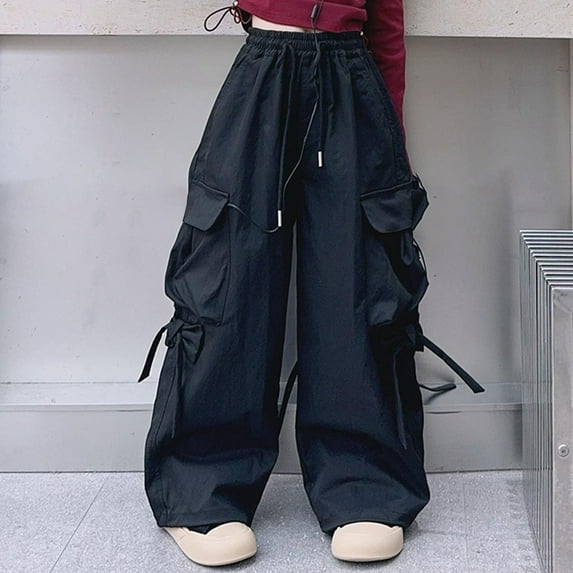 MKOSPLRT Girls High Waist Wide Leg Cargo Pants Y2K Parachute Pants with Pockets and Drawstring 5-16 Years Summer Savings Clearance