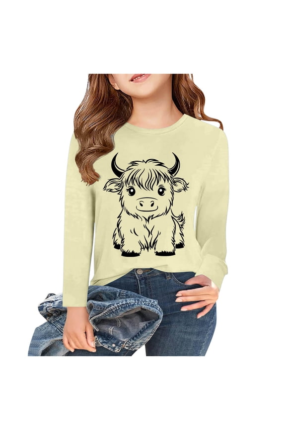 Girls Highland Cow Shirts Crew Neck Westerna Cow Print T Shirts Long Sleeve Lounge Blouses Soft Going Out Tees 2-15Years