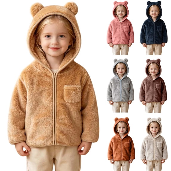 MKOSPLRT Girls Hooded Jacket Fuzzy Fleece Hoodie 12Months-5Years Winter Warm Solid Color Teddy Coat Zip-up Bear Ear Outerwear with Pocket