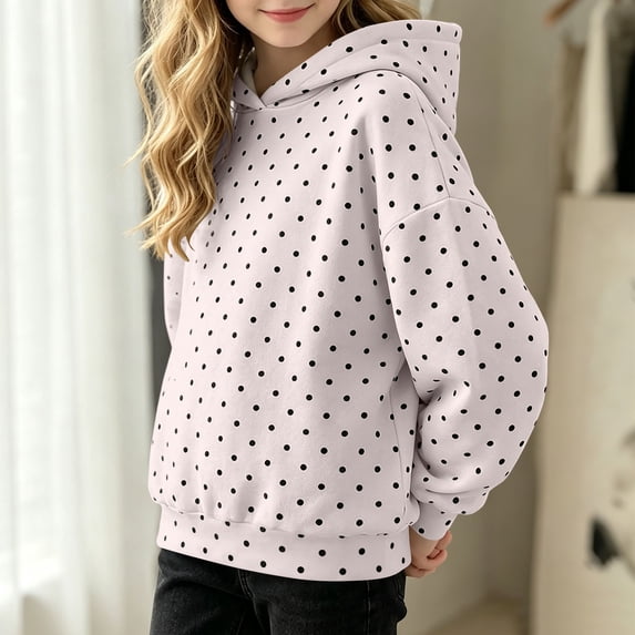 MKOSPLRT Girls Hoodie Polka Dot Print Graphic Sweatshirts Kids Fall Thin Fleece Line Pullover Funny Long Sleeve Sweat Shirts 3-16 Years
