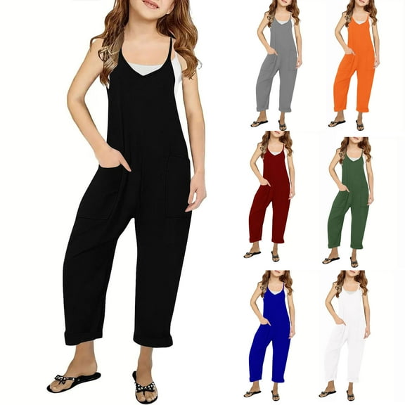 MKOSPLRT Girls Jumpsuits with Pocket V Neck Spaghetti Strap Romper Long Pants Solid Casual Loose Overalls Sleeveless Jumpers