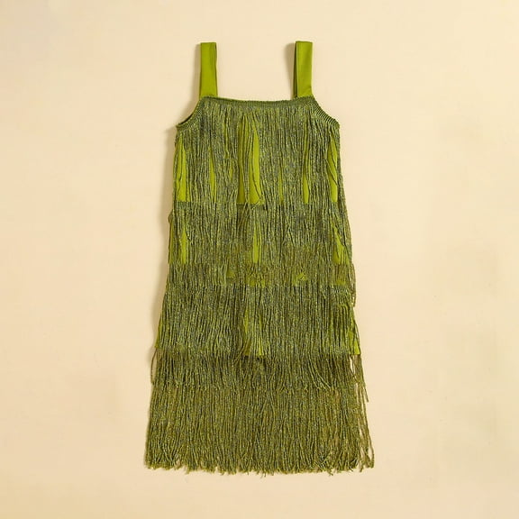 MKOSPLRT Girls Latin Tassel Dresses Sleeveless Sparkling Fringe Dance Dresses Squined Salsa Vintage Party Dancewear Spaghetti Strap Dresses