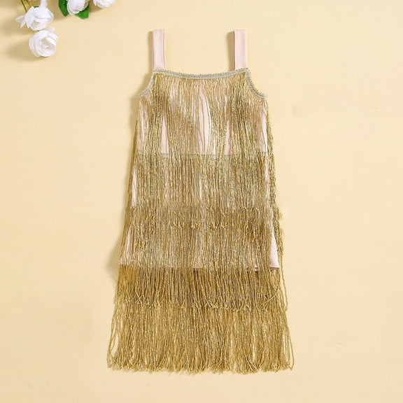 MKOSPLRT Girls Latin Tassel Dresses Sleeveless Sparkling Fringe Dance Dresses Squined Salsa Vintage Party Dancewear Spaghetti Strap Dresses
