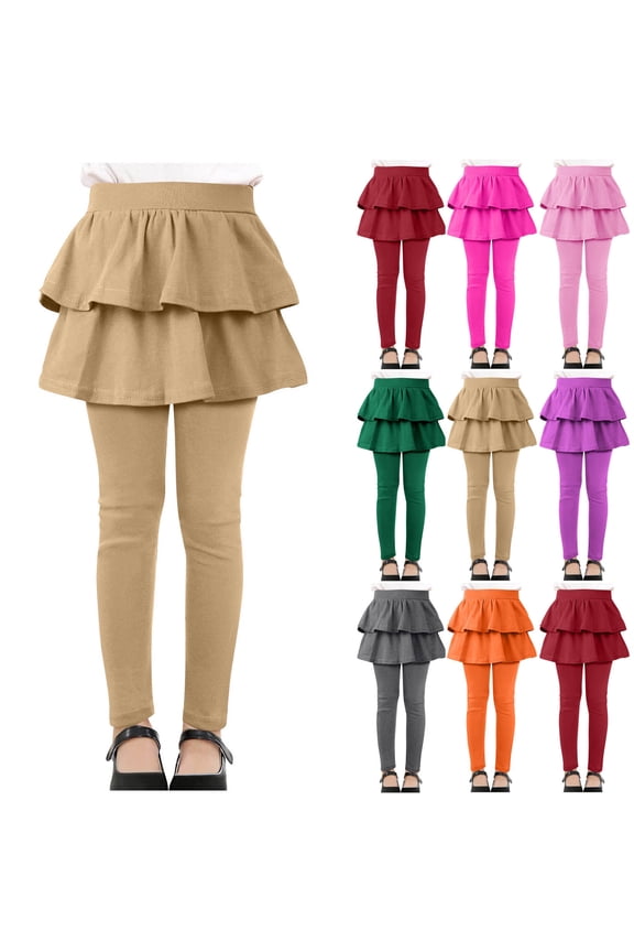 Girls Leggings with Skirts School Uniform Athletic Stretchy Tutu Pants Kids Solid Warm Ruffle Skort with Legggings 3-14 Years