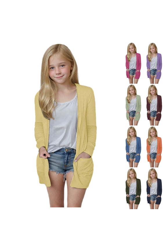 Girls' Lightweight Cardigans with Pocket Open Front Long Sleeve Draped Cardigans Solid Casual Knit Sweater Cardigans 5-14Y