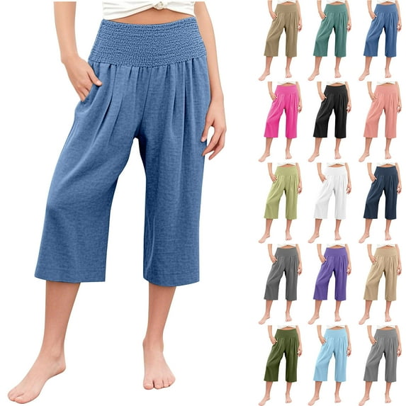 MKOSPLRT Girls Linen Palazzo Capri Pants Boho Summer Smocked High Waist Wide Leg Casual Loose Trousers with Pockets Flowy Pants